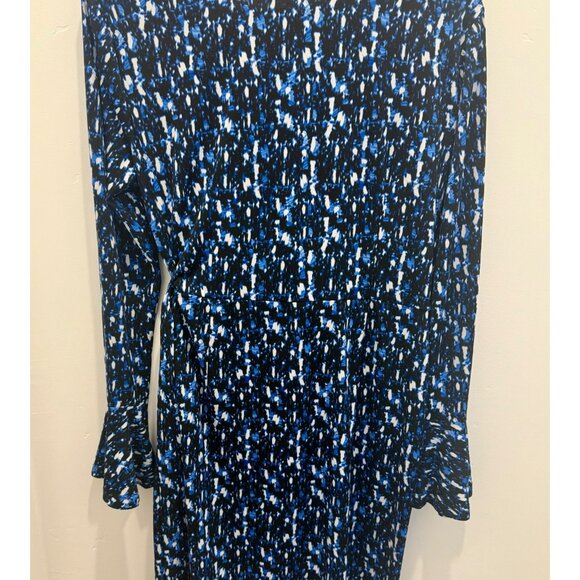 Romantic Y2K  Black & Blue Wrap Dress Holiday Party Long Sleeves & Bell Cuffs Si - Picture 3 of 9